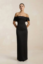 Robe de mariée noire satinée coupe fourreau à épaules dénudées effet drapé - Harana