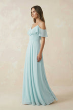 Robe demoiselle d’honneur bleu ciel longue à épaules dénudées plissée à volants - Harana