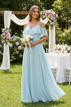 Robe demoiselle d’honneur bleu ciel longue à épaules dénudées plissée à volants - Harana