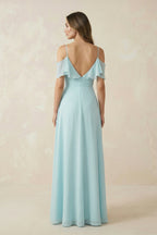 Robe demoiselle d’honneur bleu ciel longue à épaules dénudées plissée à volants - Harana