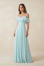 Robe demoiselle d’honneur bleu ciel longue à épaules dénudées plissée à volants - Harana