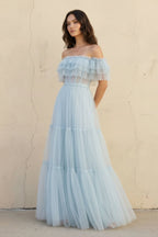 Robe longue bleu ciel à épaules dénudées à volants - Harana