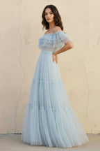 Robe longue bleu ciel à épaules dénudées à volants - Harana