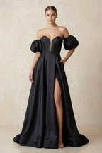Robe de mariée noire trapèze en satin à épaules dénudées sans manches - Harana