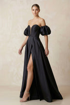 Robe de mariée noire trapèze en satin à épaules dénudées sans manches - Harana
