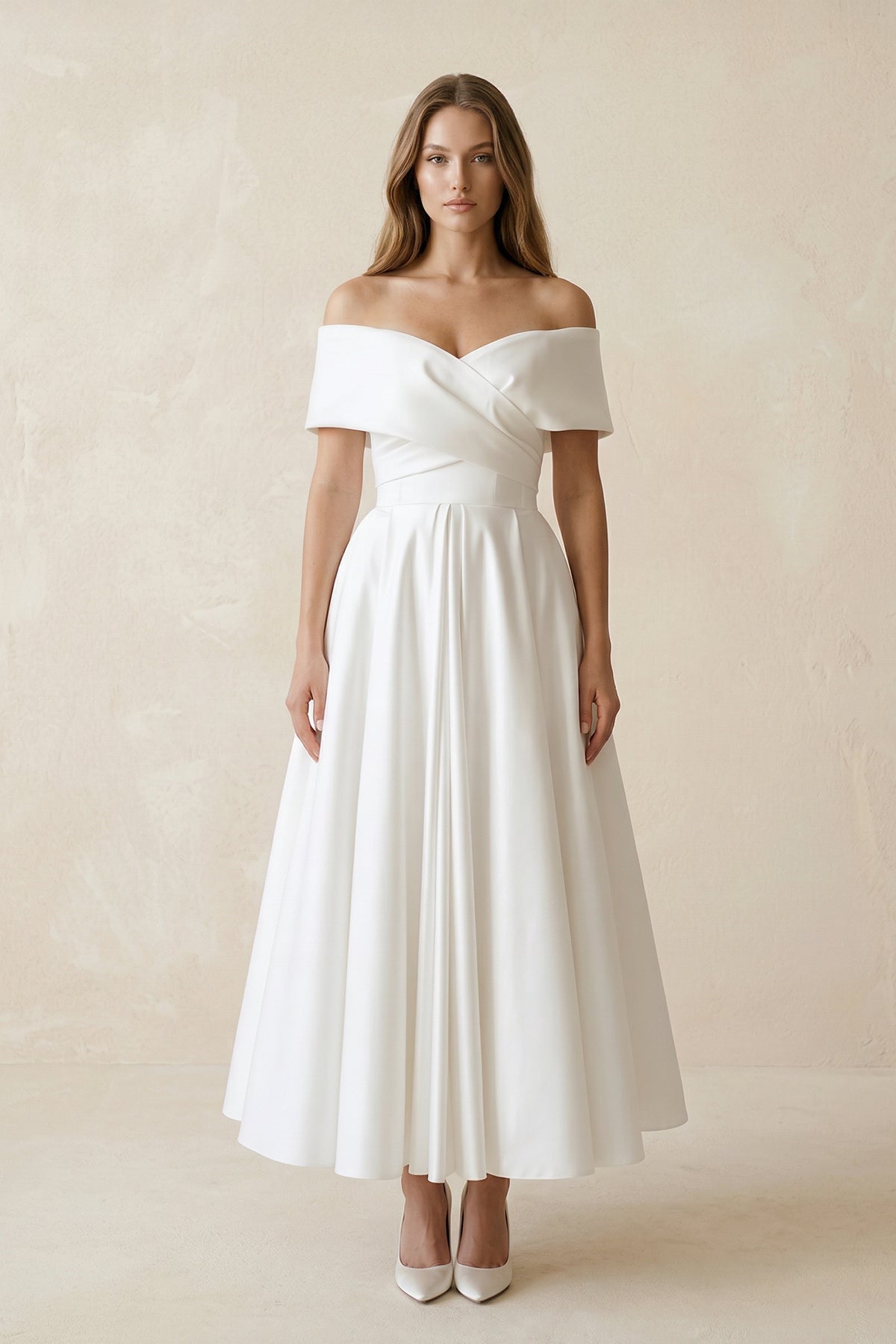 Robe de mariée blanche trapèze en satin à épaules dénudées à corset - Harana