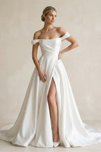 Robe de mariée blanche trapèze en satin à épaules dénudées sans manches - Harana