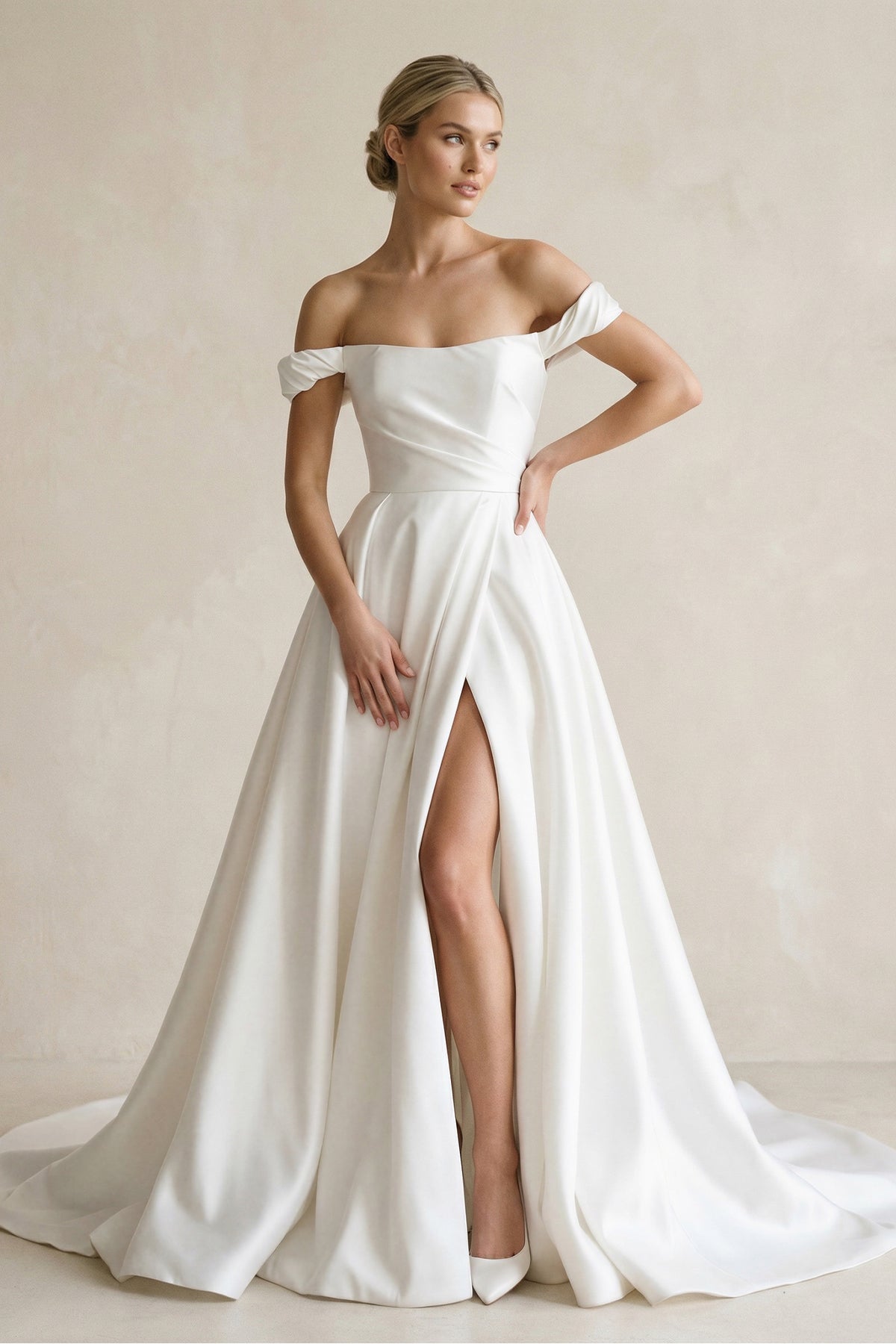 Robe de mariée blanche trapèze en satin à épaules dénudées sans manches - Harana