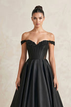 Robe de mariée noire trapèze en satin à épaules dénudées à corset - Harana