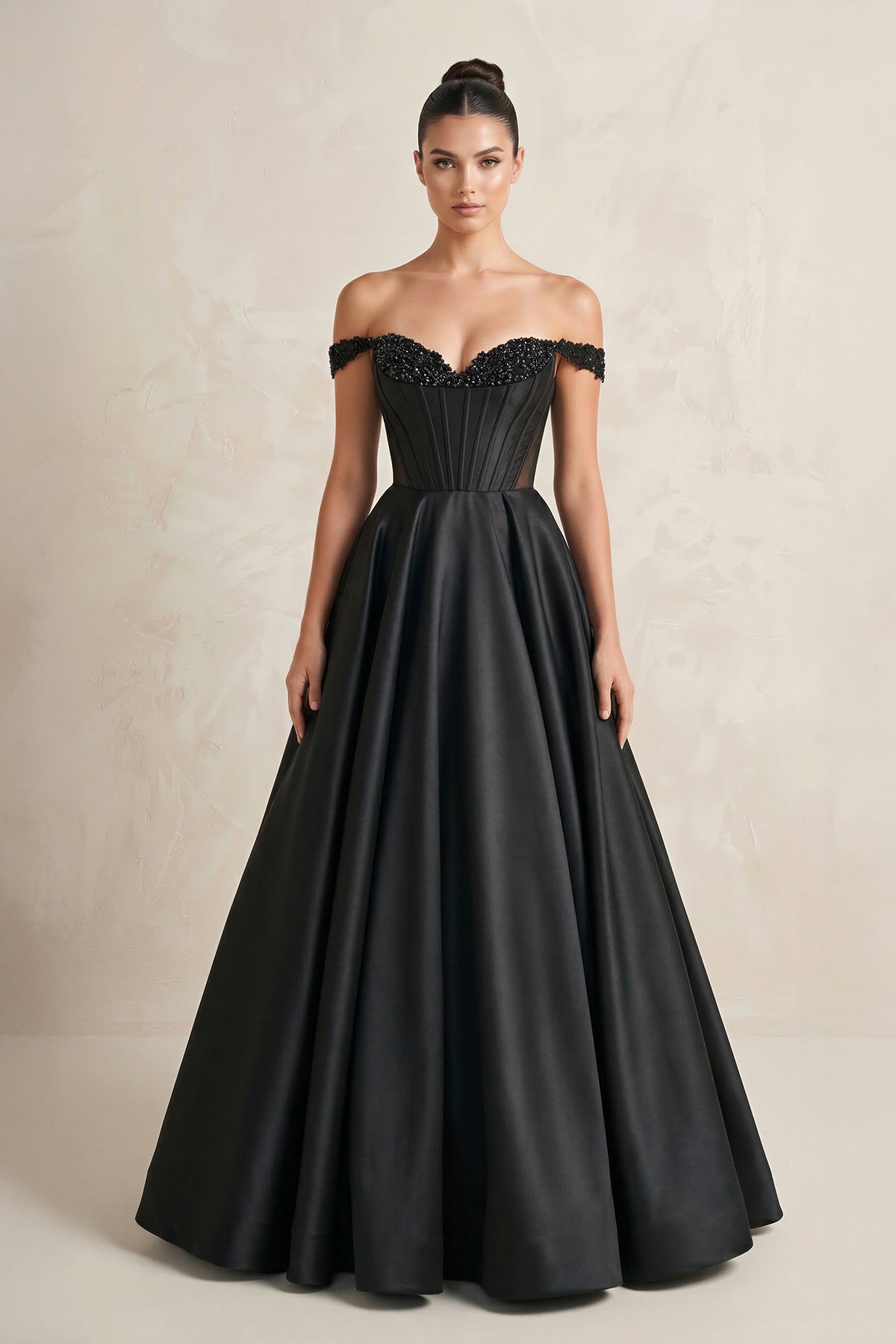 Robe de mariée noire trapèze en satin à épaules dénudées à corset - Harana