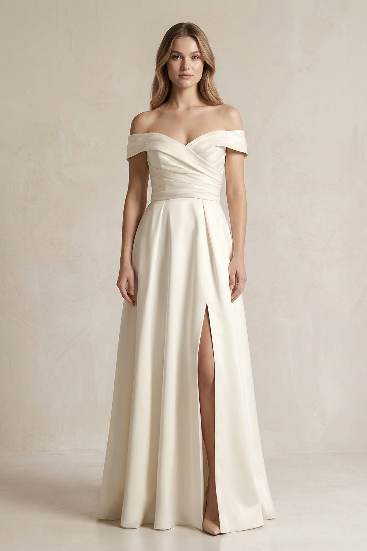 Robe de mariée ivoire trapèze en satin à épaules dénudées manches courtes - Harana