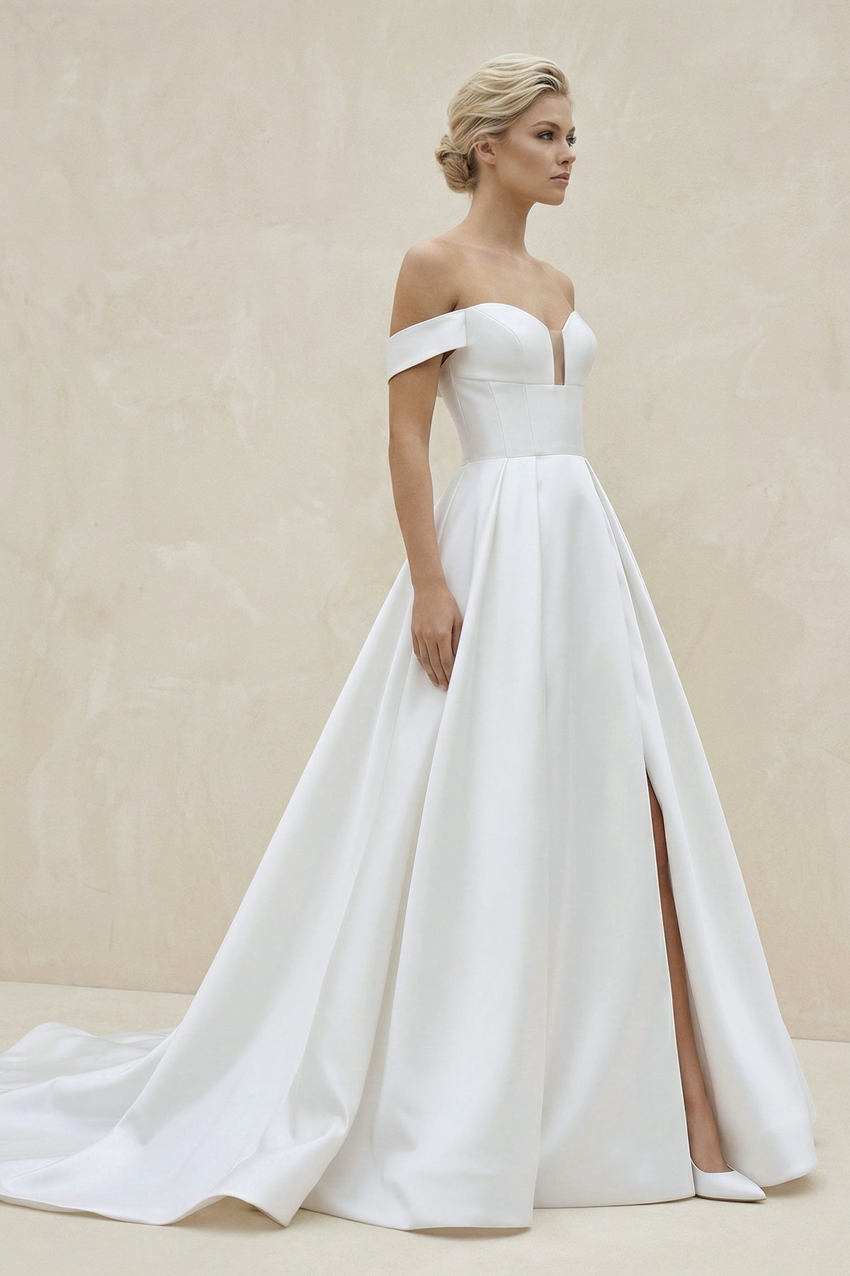 Robe de mariée blanche trapèze en satin à épaules dénudées sans manches - Harana