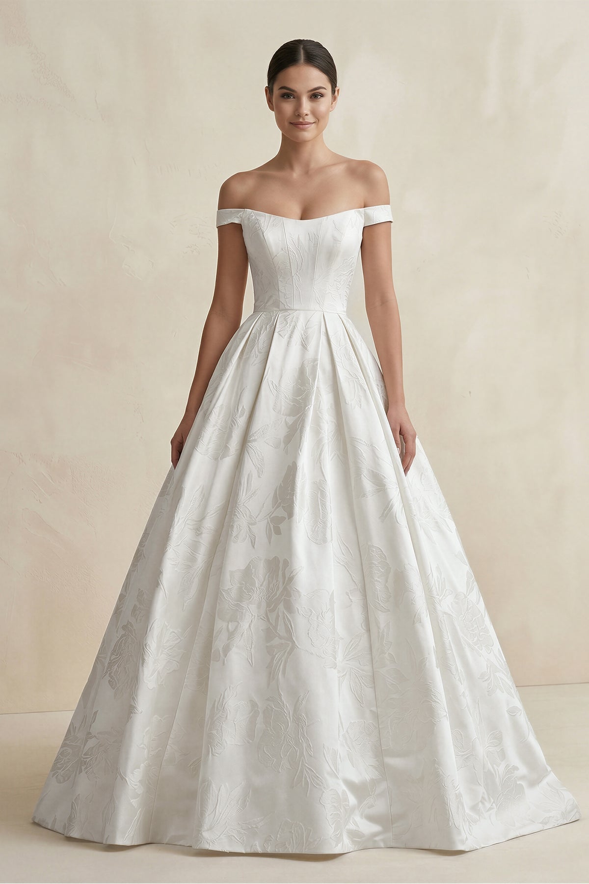 Robe de mariée blanche princesse en satin à épaules dénudées à appliqués - Harana