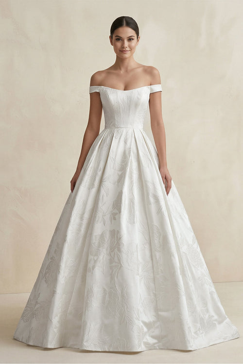 Robe de mariée blanche princesse en satin à épaules dénudées à appliqués - Harana