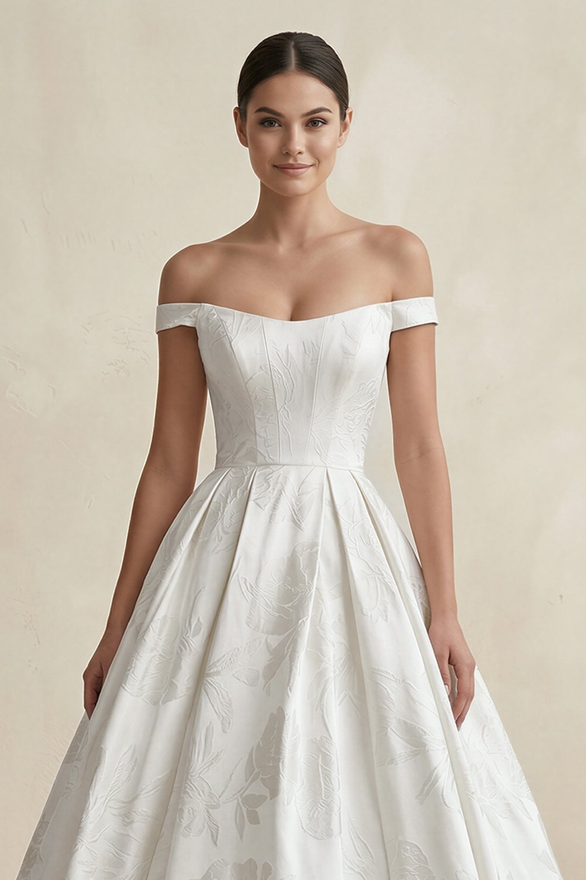 Robe de mariée blanche princesse en satin à épaules dénudées à appliqués - Harana