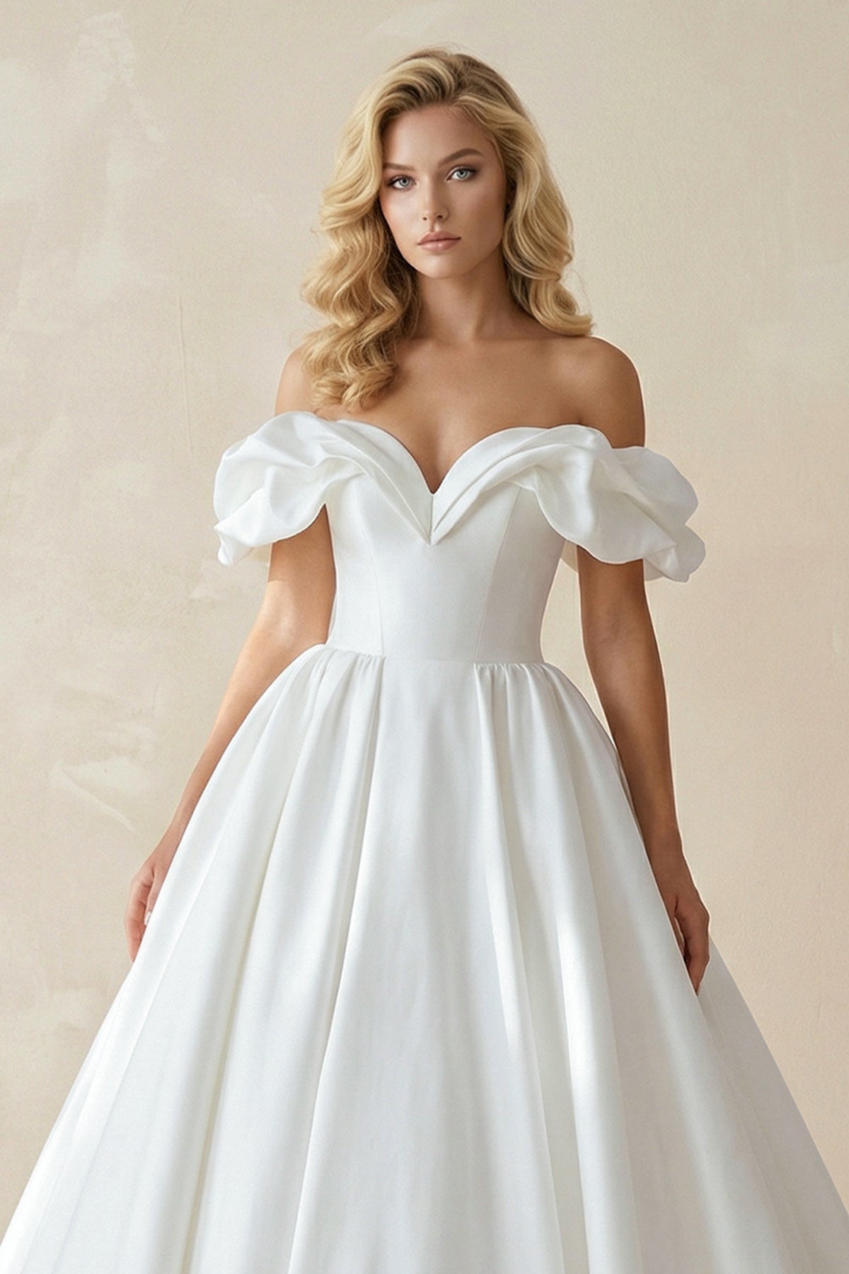 Robe de mariée blanc longue à épaules dénudées satinée - Harana
