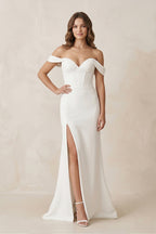Robe de mariée blanche satinée coupe sirène à épaules dénudées avec corset - Harana
