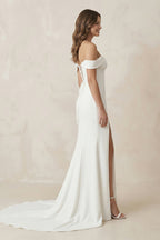 Robe de mariée blanche satinée coupe sirène à épaules dénudées avec corset - Harana