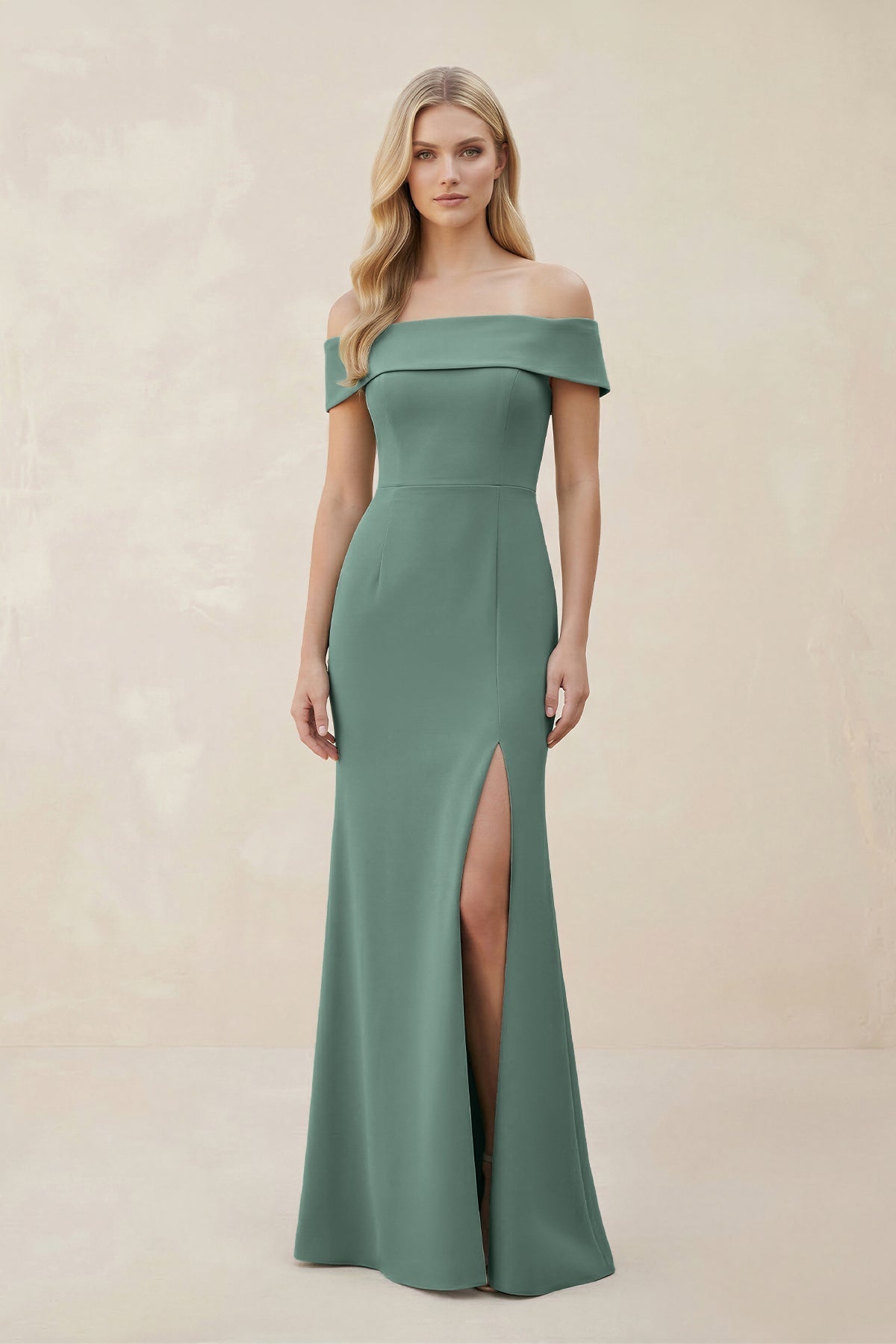 Robe demoiselle d’honneur vert d’eau longue à épaules dénudées manches courtes avec fente - Harana