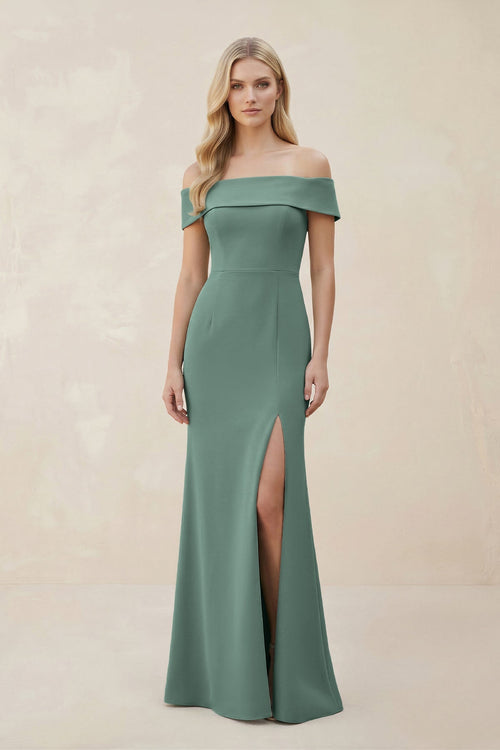 Robe de demoiselle d’honneur vert d’eau longue satinée coupe fourreau à épaules dénudées avec fente - Harana