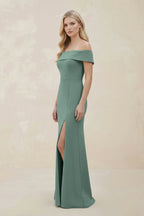 Robe demoiselle d’honneur vert d’eau longue à épaules dénudées manches courtes avec fente - Harana