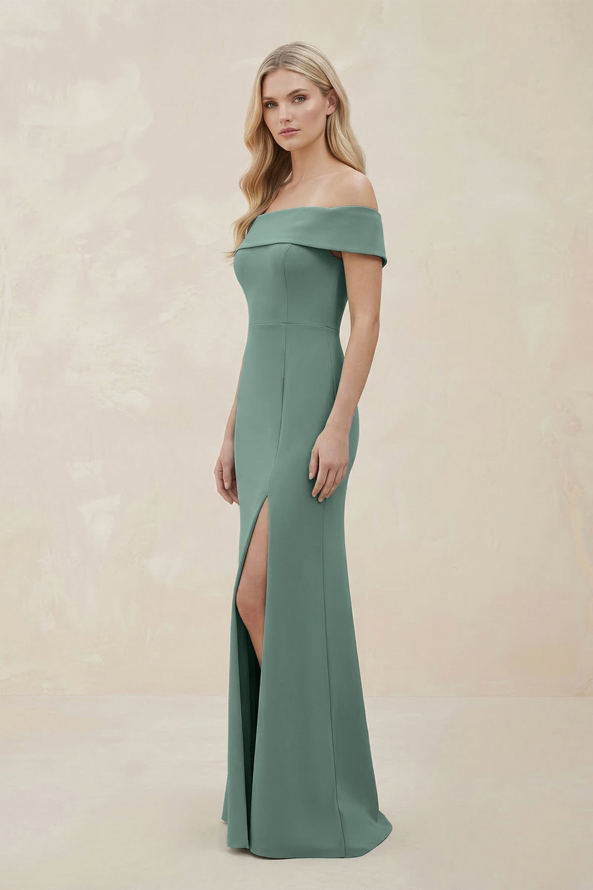 Robe demoiselle d’honneur vert d’eau longue à épaules dénudées manches courtes avec fente - Harana