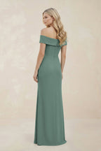 Robe demoiselle d’honneur vert d’eau longue à épaules dénudées manches courtes avec fente - Harana