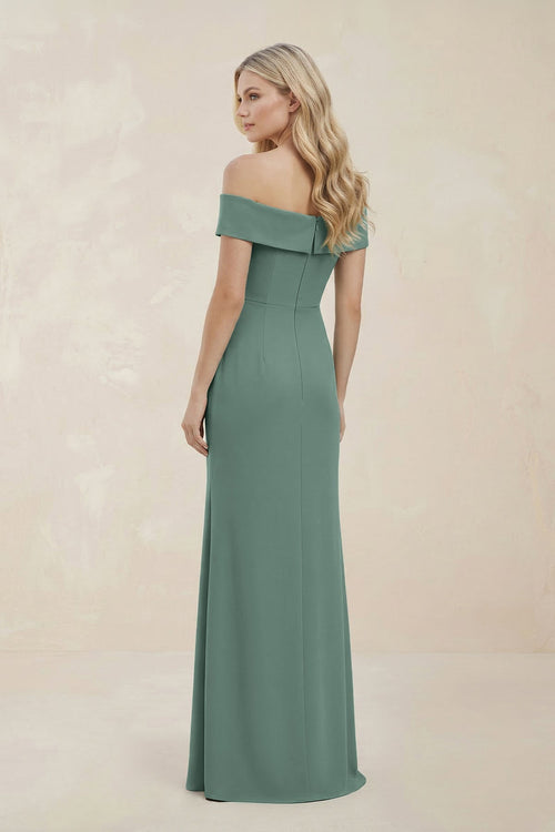 Robe de demoiselle d’honneur vert d’eau longue satinée coupe fourreau à épaules dénudées avec fente - Harana