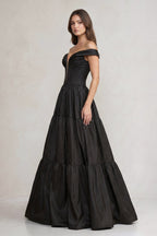 Robe de mariée noire trapèze en satin à épaules dénudées - Harana