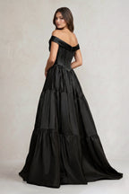 Robe de mariée noire trapèze en satin à épaules dénudées - Harana