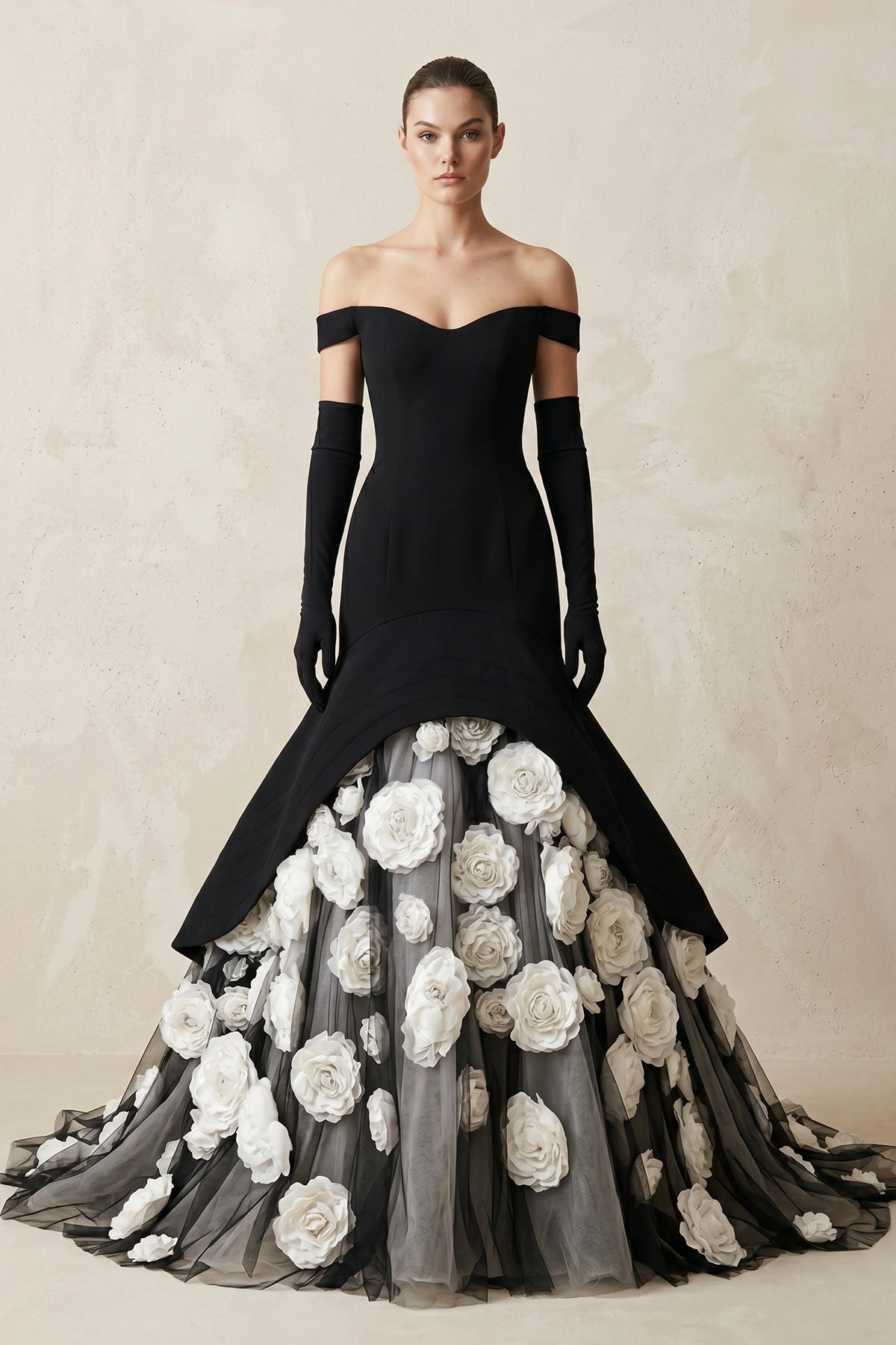 Robe de mariée noire et blanche trapèze en satin à épaules dénudées - Harana