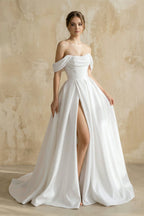 Robe de mariée blanche trapèze en satin à épaules dénudées sans manches - Harana