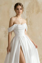 Robe de mariée blanche trapèze en satin à épaules dénudées sans manches - Harana