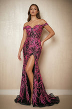 Robe longue black & fuchsia pailletée à épaules dénudées avec fente - Harana