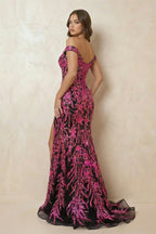 Robe longue black & fuchsia pailletée à épaules dénudées avec fente - Harana
