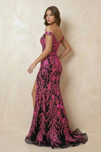 Robe longue black & fuchsia pailletée à épaules dénudées avec fente - Harana