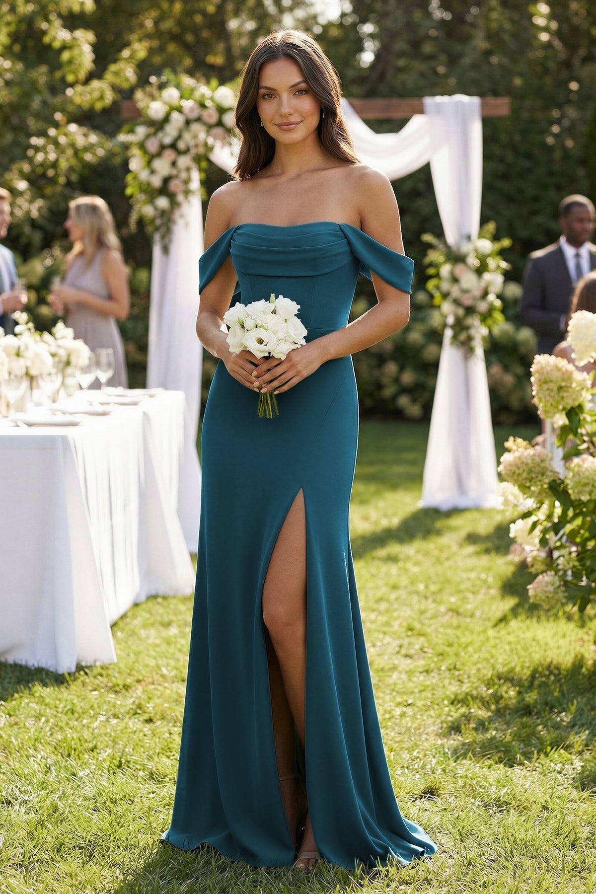Robe demoiselle d’honneur dark teal longue à épaules dénudées manches courtes avec fente - Harana