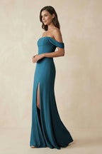 Robe demoiselle d’honneur dark teal longue à épaules dénudées manches courtes avec fente - Harana