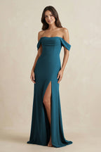 Robe demoiselle d’honneur dark teal longue à épaules dénudées manches courtes avec fente - Harana