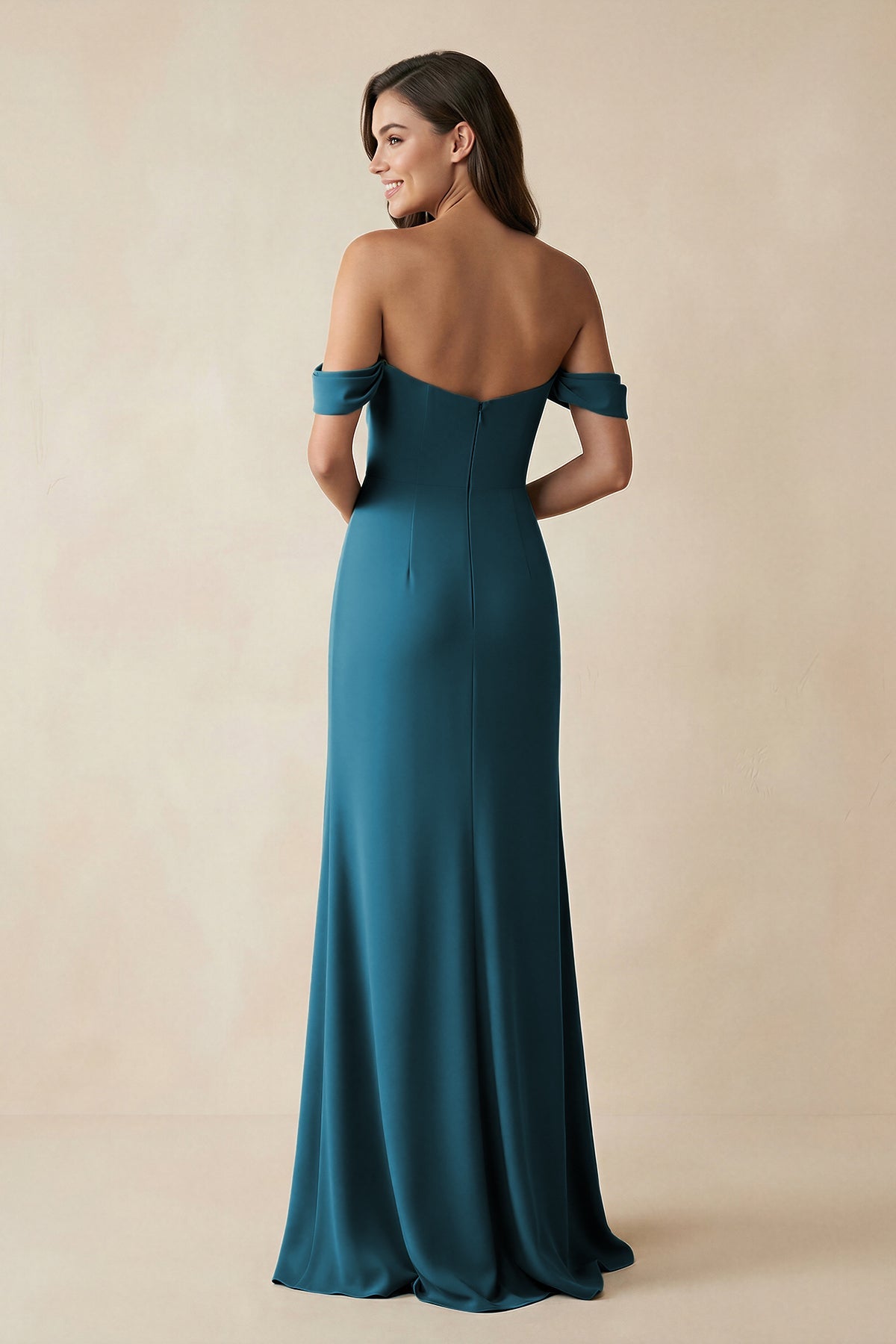 Robe demoiselle d’honneur dark teal longue à épaules dénudées manches courtes avec fente - Harana