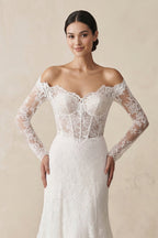Robe de mariée blanche fourreau dentelle à corset manches longues - Harana