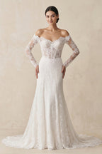 Robe de mariée blanche fourreau dentelle à corset manches longues - Harana