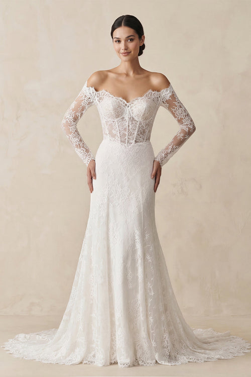 Robe de mariée blanche fourreau dentelle à corset manches longues - Harana