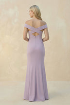 Robe demoiselle d’honneur lavender grey longue à épaules dénudées avec fente satinée - Harana