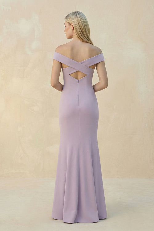 Robe de demoiselle d’honneur gris lavande longue satinée coupe fourreau à épaules dénudées - Harana