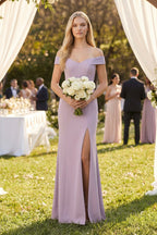 Robe demoiselle d’honneur lavender grey longue à épaules dénudées avec fente satinée - Harana
