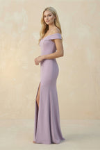 Robe demoiselle d’honneur lavender grey longue à épaules dénudées avec fente satinée - Harana