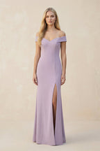 Robe demoiselle d’honneur lavender grey longue à épaules dénudées avec fente satinée - Harana