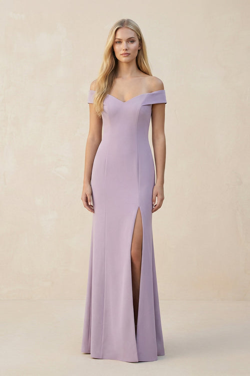 Robe de demoiselle d’honneur gris lavande longue satinée coupe fourreau à épaules dénudées - Harana