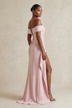 Robe longue rose à épaules dénudées avec fente effet drapé - Harana